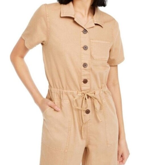 Oat New York Women's Utility Jumpsuit Cropped Leg Romper Size Small Tan - Picture 1 of 13